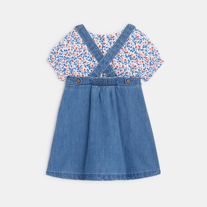 Robe salopette denim léger et t-shirt fleuri bleue bébé fille Bleu