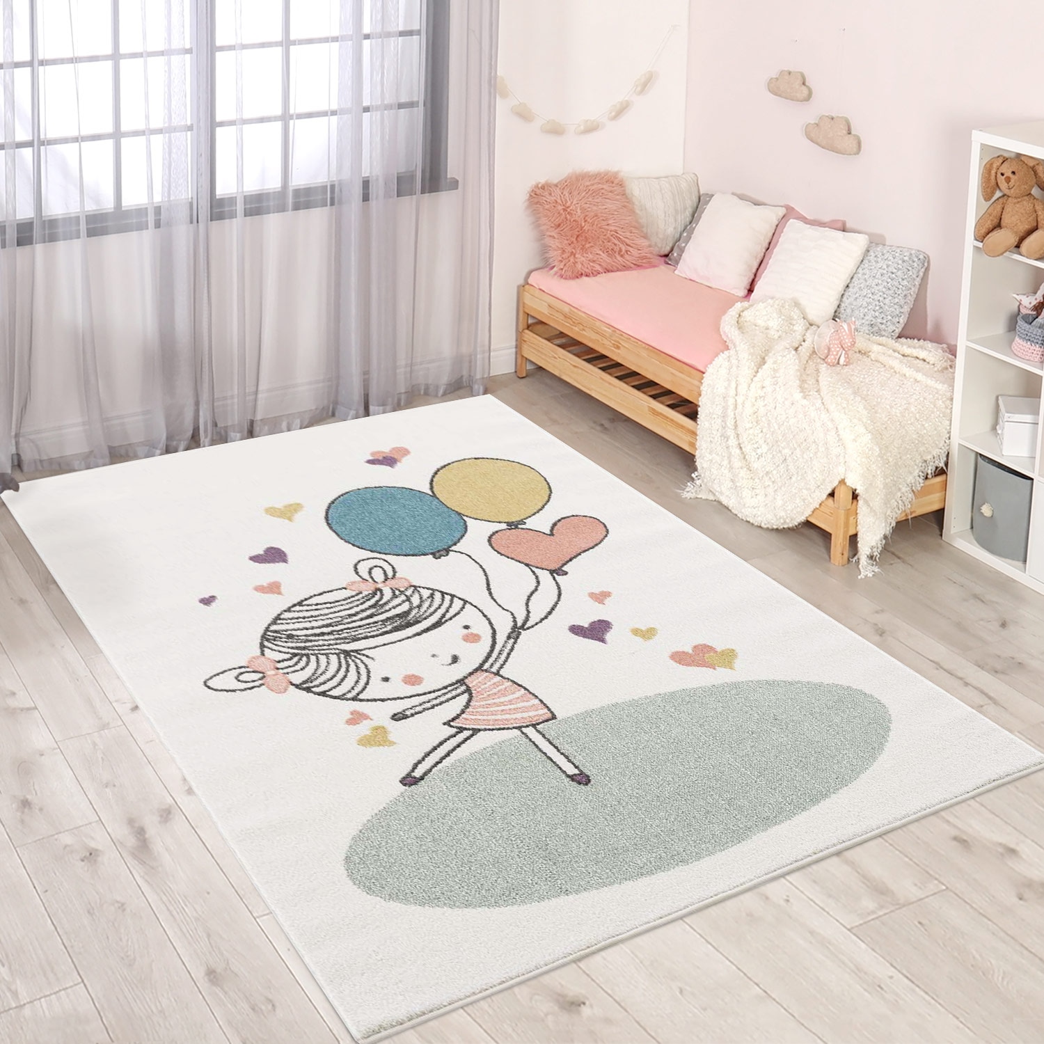 Carpet City Kinderteppich »Anime9393« rechteckig 11 mm Höhe Spielteppich, Mädchen, Herzen, Ballon, Weicher Flor, Pflegeleicht