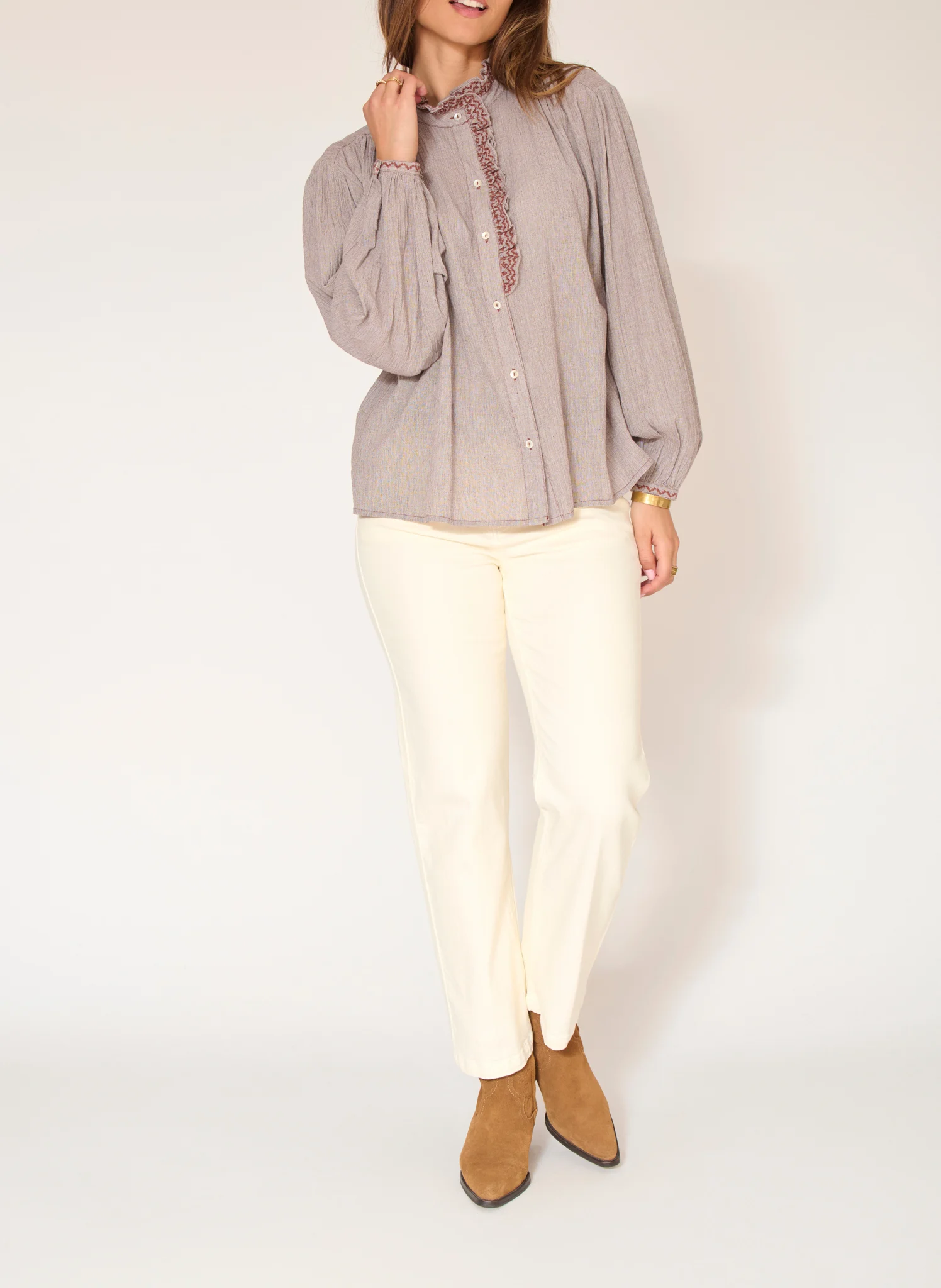 COLOMBO - Chemise ample col rond en coton | Marron