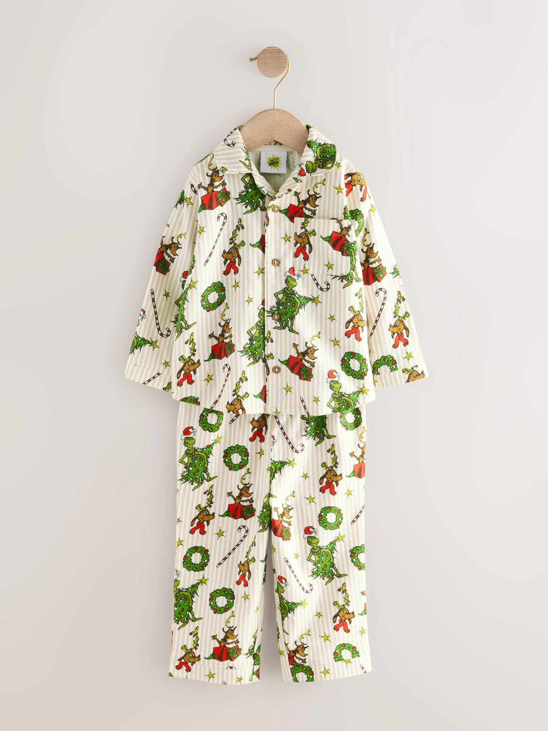 Crème - Grinch Matching Family - Kerstpyjama met knoopsluiting (9mnd -16jr)