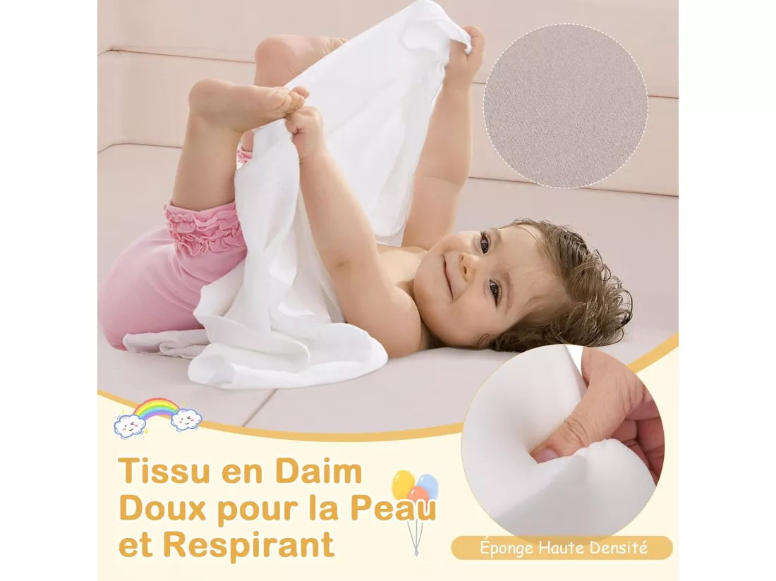 9PCS Canapé Modulaire pour Enfants en Tissu Daim, Canapé Enfant Convertible 2 Places avec Housses Amovibles & Lavables, Canapé en Mousse pour Salle de Jeux et Chambre, 3 Ans+ (Beige)