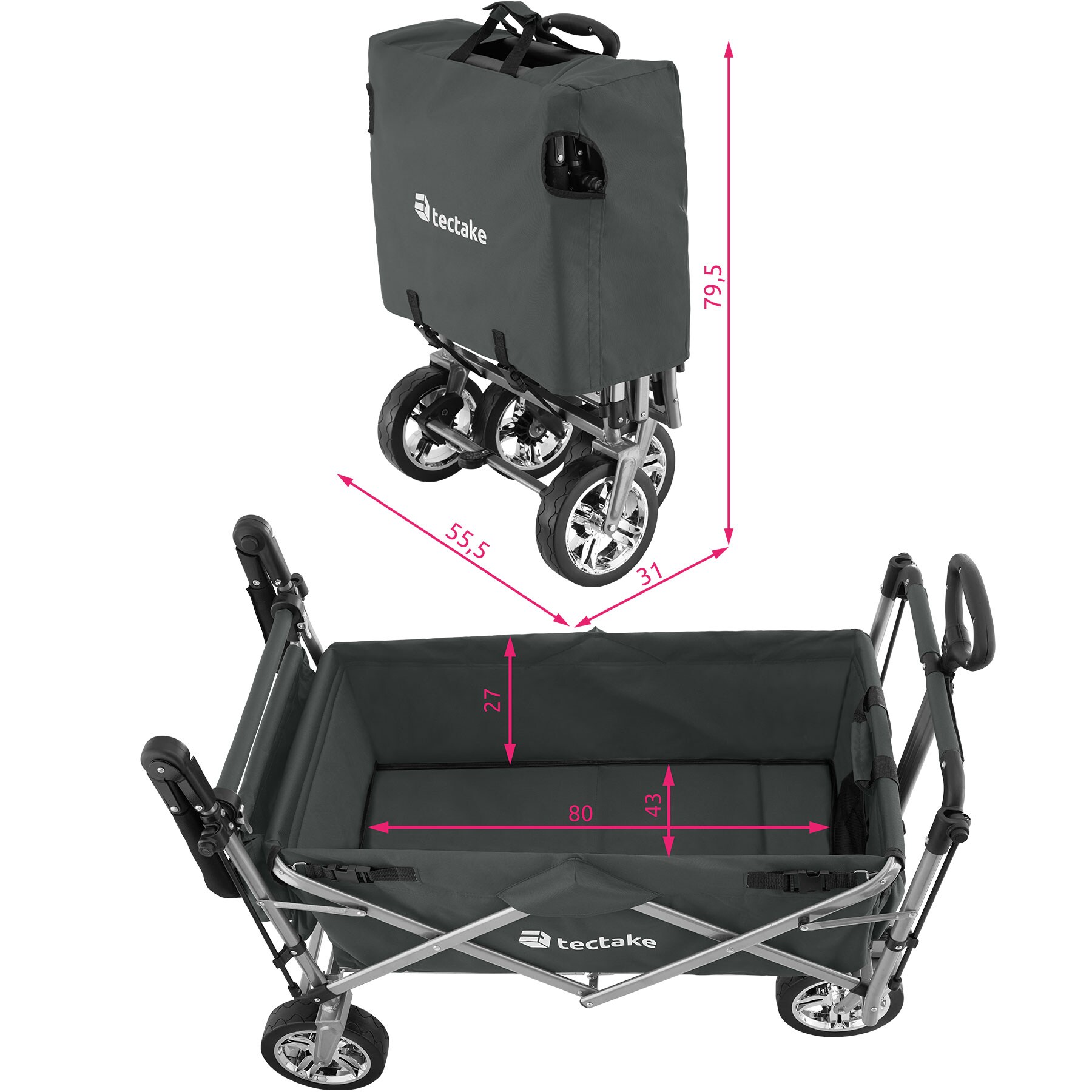 tectake® Bollerwagen, faltbar, mit Dach, abnehmbarer Stoffeinsatz mit 6 Taschen, inklusive Tragetasche, Belastbarkeit 80 kg