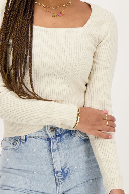 Beige boucle top met vierkante hals