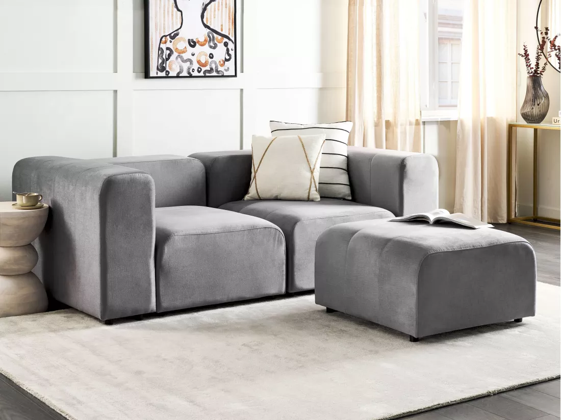Canapé 2 places modulable avec ottoman en velours gris FALSTERBO