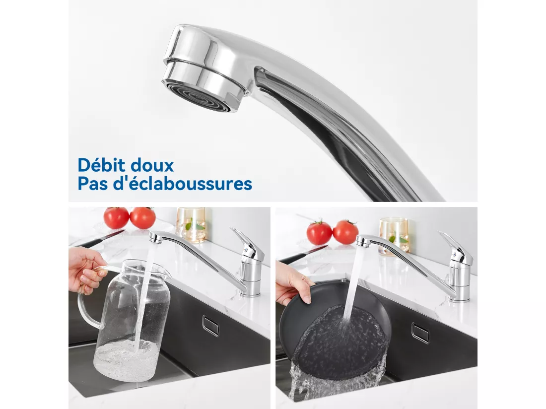 Auralum MAX Mitigeur d'Evier, Robinet de Cuisine Orientable à 360°, Les Conduites d'eau Chaude et Froide et Les Accessoires Complets,en Laiton,Chromé