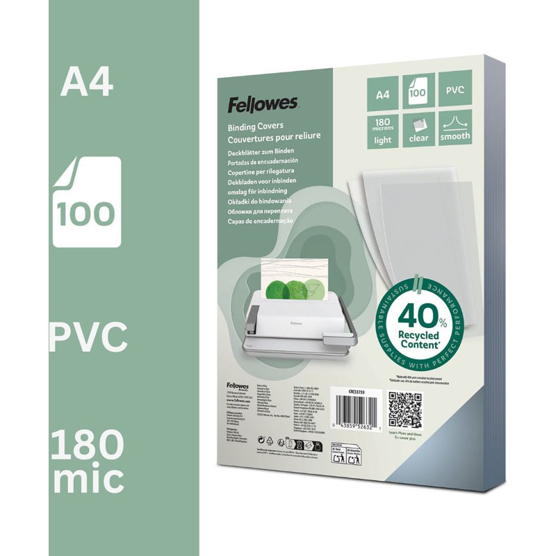 Couverture de reliure PVC Fellowes A4 18/100 transparent - Paquet de 100
