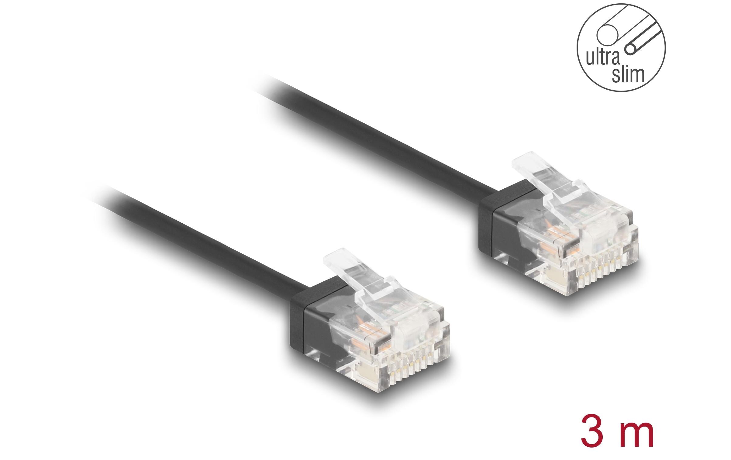 Patchkabel Cat 6, UTP, 3 m, SchwarzDelock RJ45 Netzwerkkabel Cat.6 UTP Ultra Slim 3 m schwarz mit kurzen Steckern