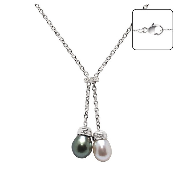 Collier en Or Blanc massif 750/1000, Diamants et Perle de Culture Blanche et Perle de Tahiti
