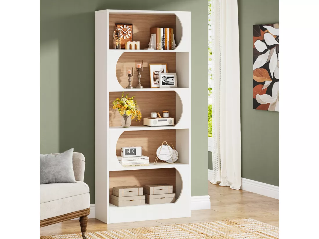 Tribesigns Bibliothèque à 5 Niveaux, 180CM Étagères de Rangement, Grande Bibliothèque Cubique Ouverte, Étagères d'Affichage en Bois pour Chambre à Coucher, Salon, Bureau, Blanc et Noyer