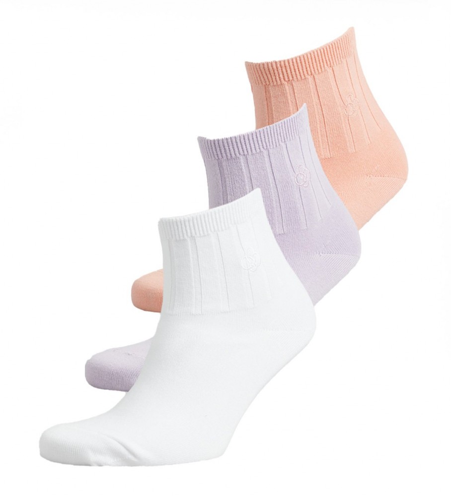 Conjunto de 3 meias cano curto Superdry nas cores branca, lilás e rosa.