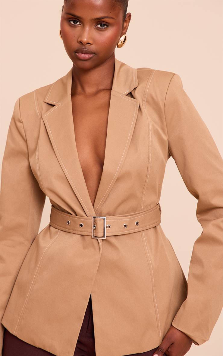 Beige Blazer À Ceinture Nouée Et Surpiqûres Contrastées