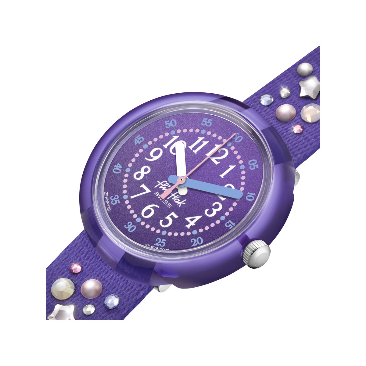 Montre FLIK FLAK Shine bright Stargazing enfant plastique biosourcé bracelet PET recyclé violet