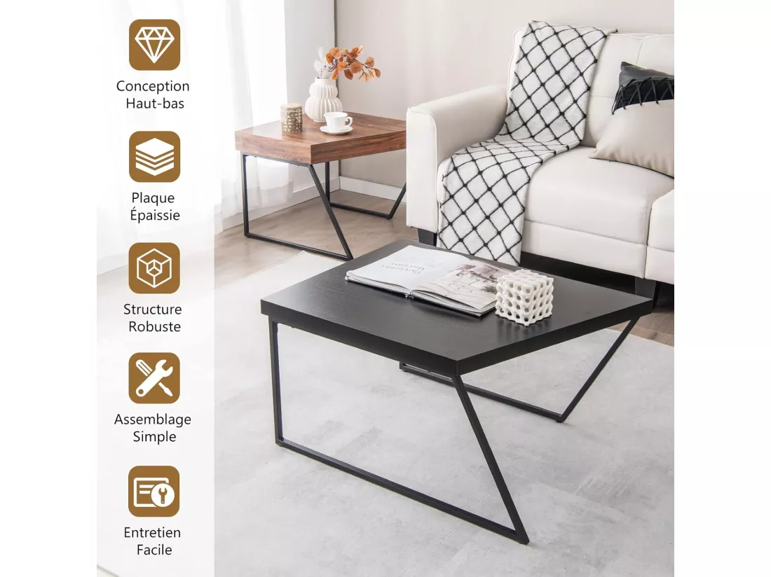 Lot de 2 tables basses gigognes avec cadre métal, patins rotatifs à 360°,120 x 60 x 46 cm