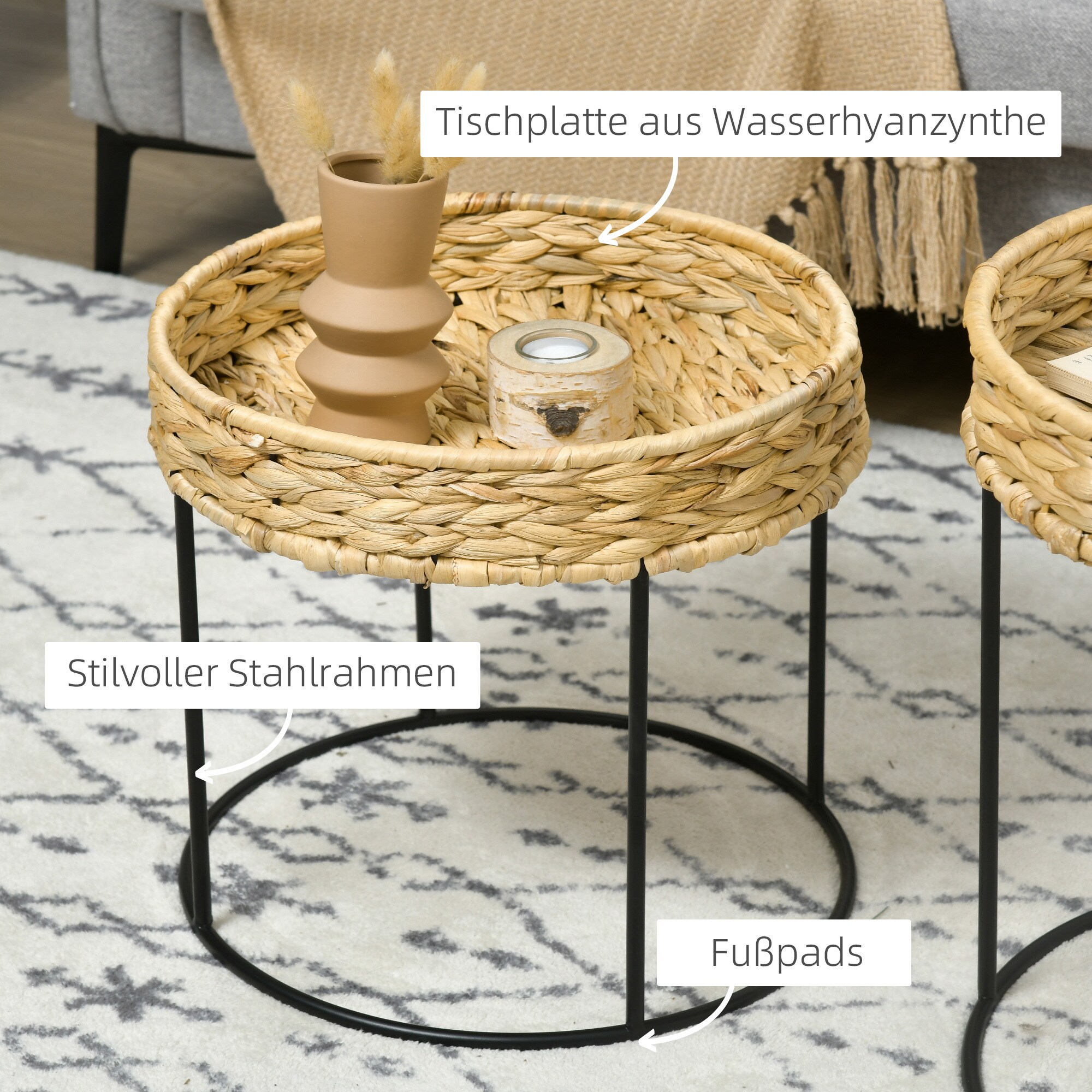HOMCOM Couchtisch mit handgeflochtene Wasserhyazinthen-Tischplatte schwarz, natur Ø45 x 46H cm