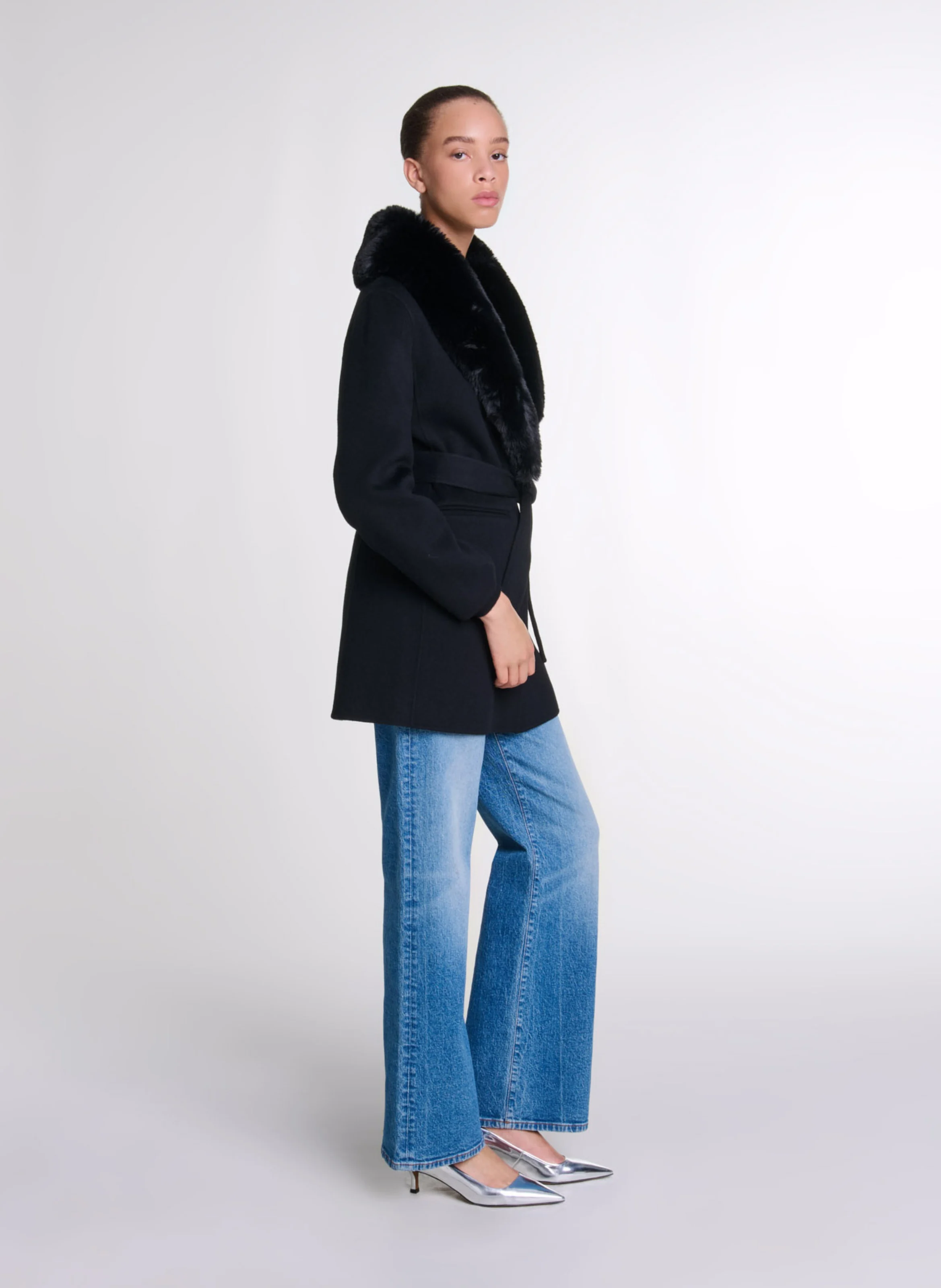Manteau col effet fourrure en laine mélangée | Noir