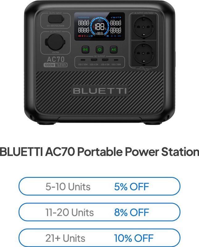 BLUETTI - AC70 - Portable Powerstation - 768Wh - LiFePO4 - Zonnegenerator met 2 1000W AC-Uitgangen