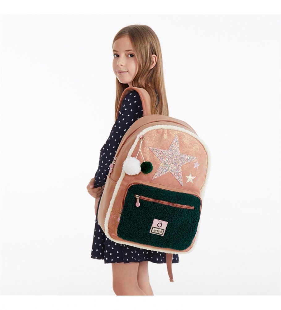 Mochila escolar Enso Shine Stars rosa e verde - 32x42x15cm