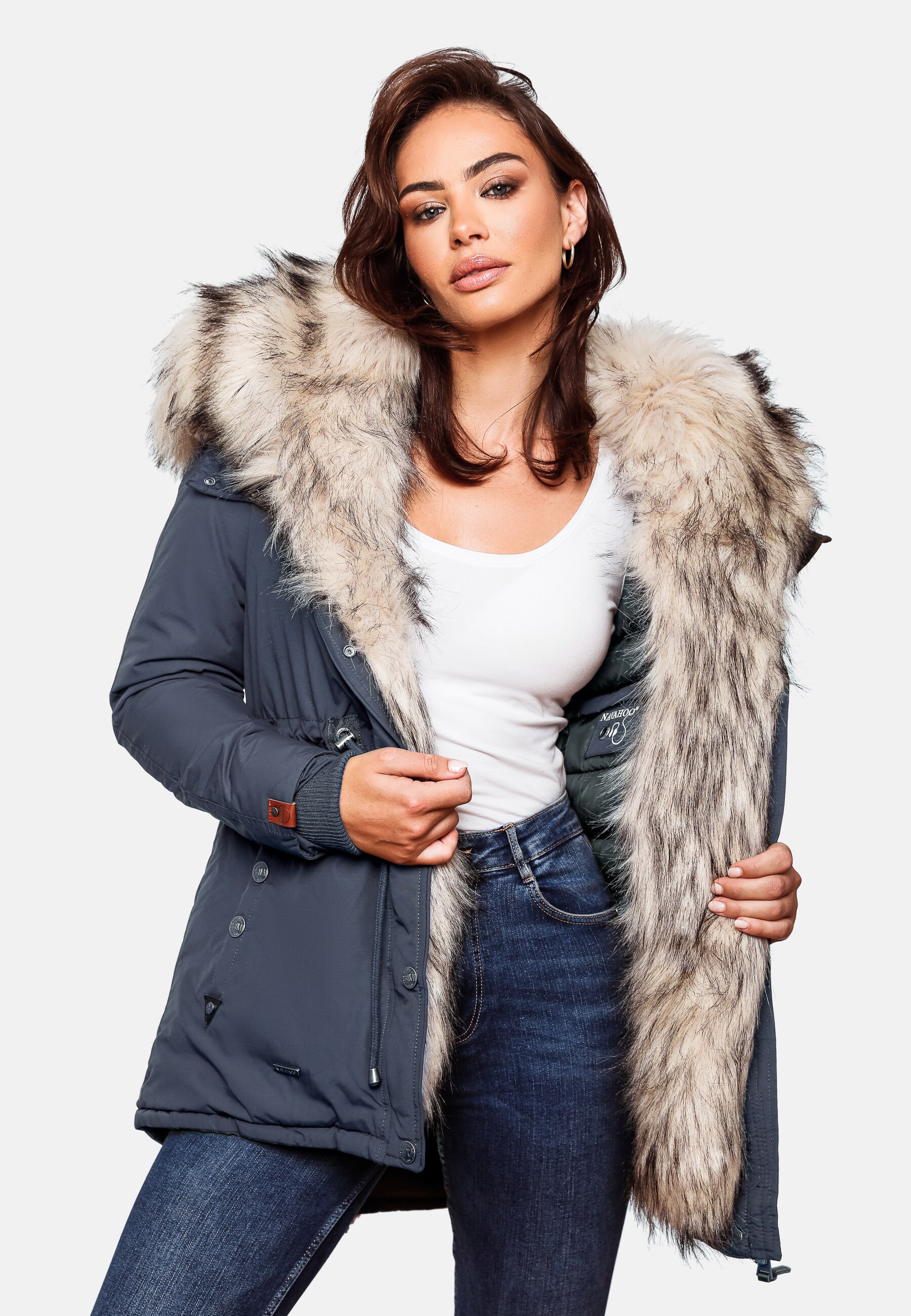 NAVAHOO Damen Wintermantel Dicker Winterparka mit 2 Kunstpelz-Kapuzen Sweety
