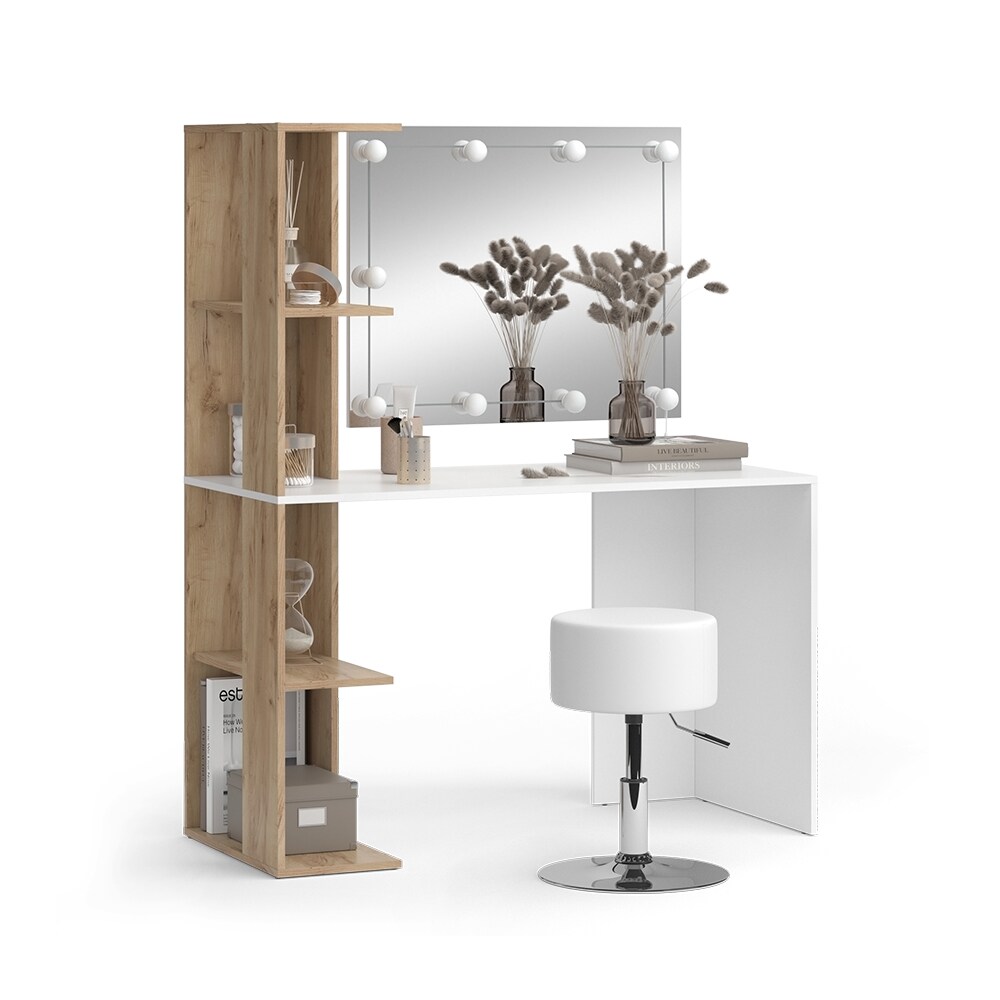 Vicco Schminktisch Tower Weiß Sonoma 122 x 55 cm mit Beleuchtung und Hocker