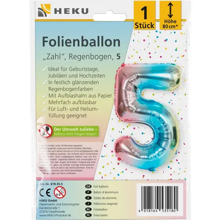 HEKU Folienballon Zahl 5, Regenbogen, mit Aufblashalm, Höhe 80cm