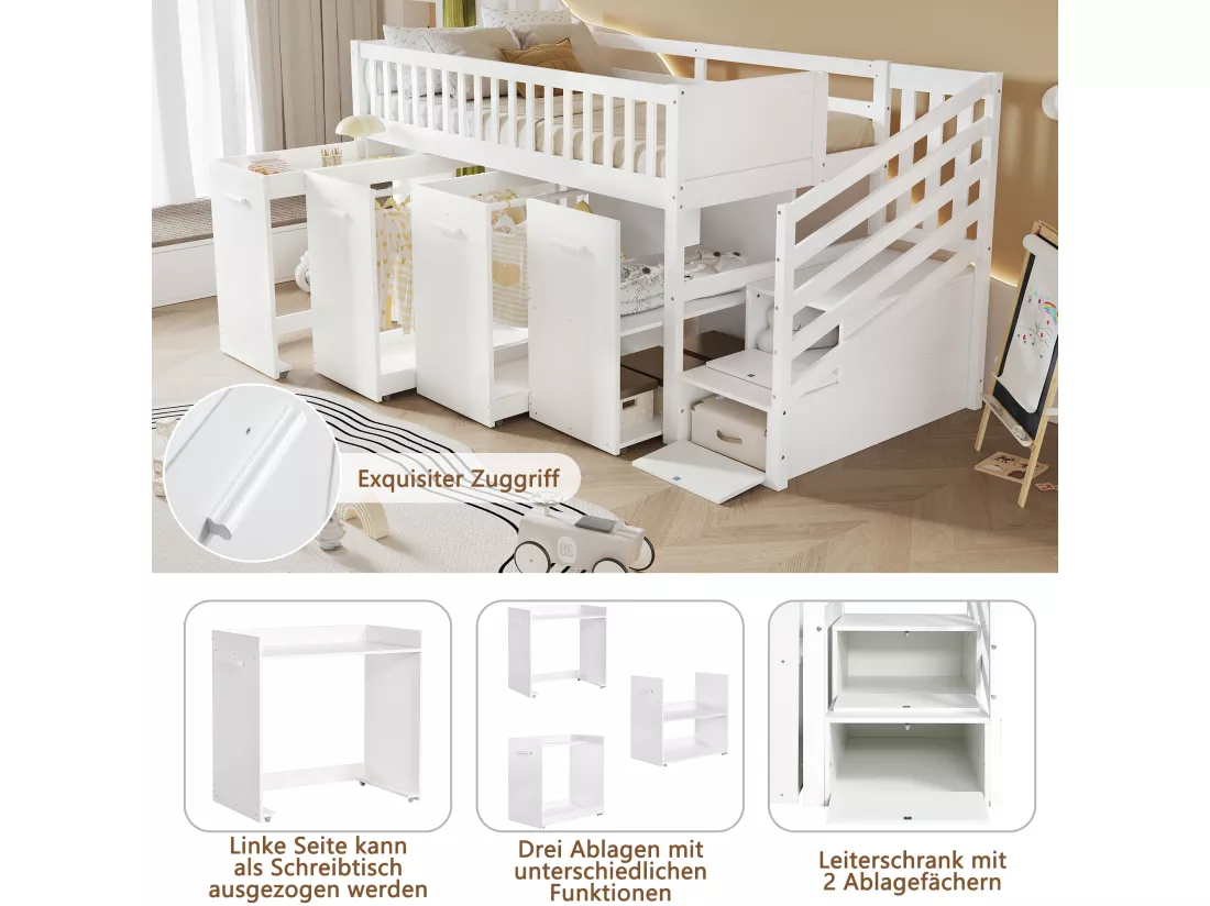 Lit Mezzanine enfant multifonctionnel - 90 x 200 cm - avec bureau et penderie - 2 rangements dans l'escalier - pin+MDF - blanc