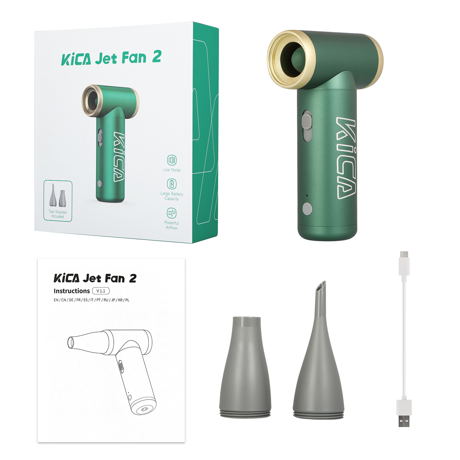 1100mAh 2in1 Jet Fan 2 Elektrische Luftpumpe USB Turbo Ventilator Multifunktionsgebläse Drehzahl bis zu 101000 U/min (4000718) - Grün