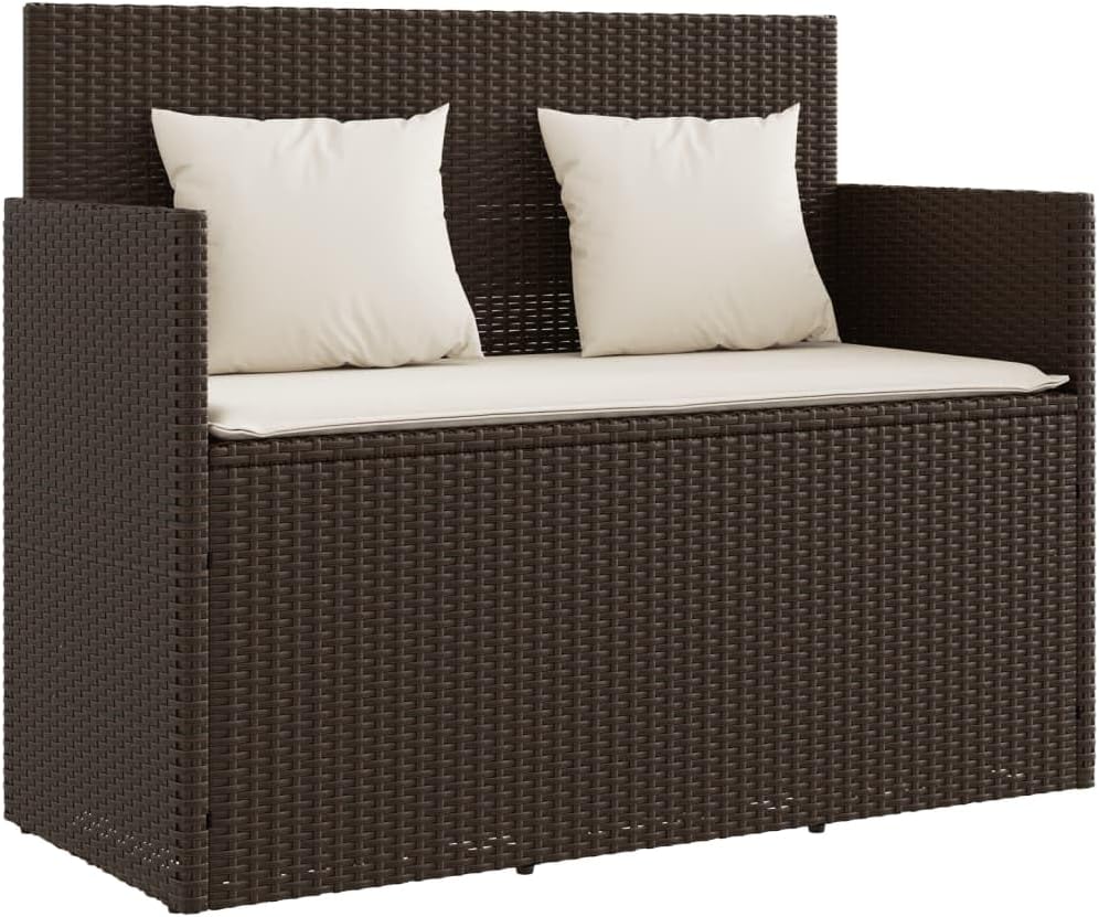 vidaXL Gartenbank mit Kissen, Sitzbank mit Staufach unter Sitzfläche, Parkbank mit abnehmbaren Bezügen, Außenbank Outdoor Bank, Braun Poly Rattan