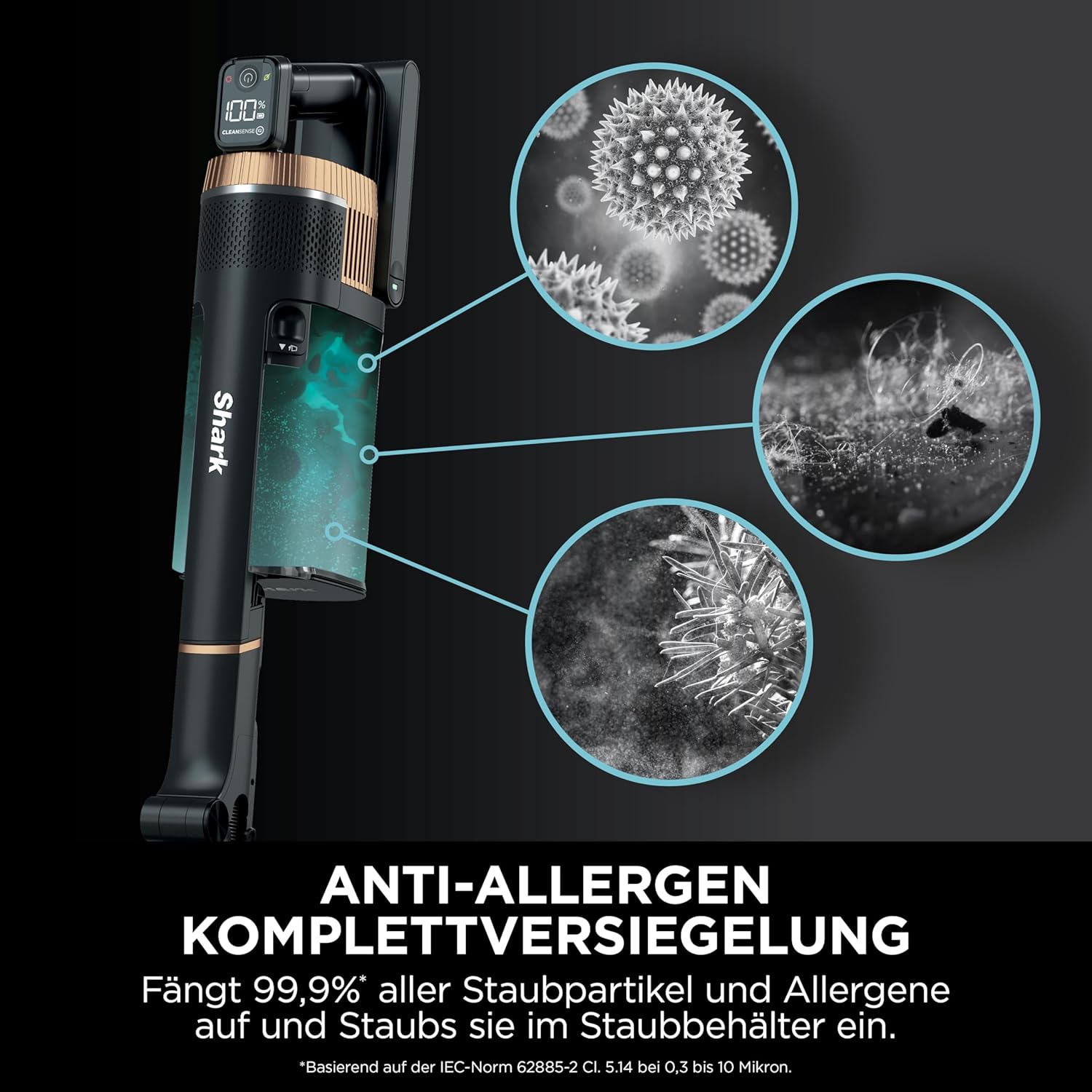 Shark Stratos Akku-Staubsauger freistehend, bis 60 Min. Laufzeit, kabellos, beutellos, für Tierhaare, Allergiker, Teppich und Hartböden, mit Auto-Kit und Knickgelenk-Rohr, grau/roségold, IZ400EUTBK