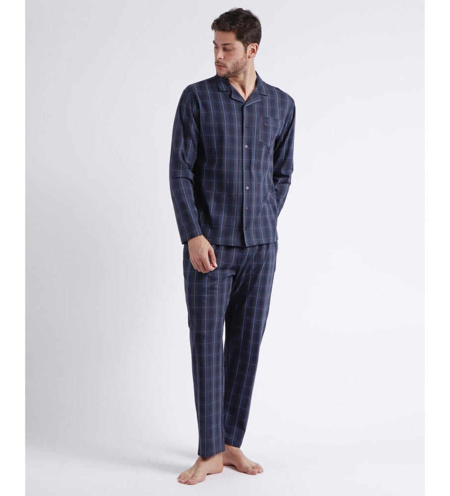 Pijama aberto Antonio Miro de manga comprida, modelo Cassete, azul marinho.