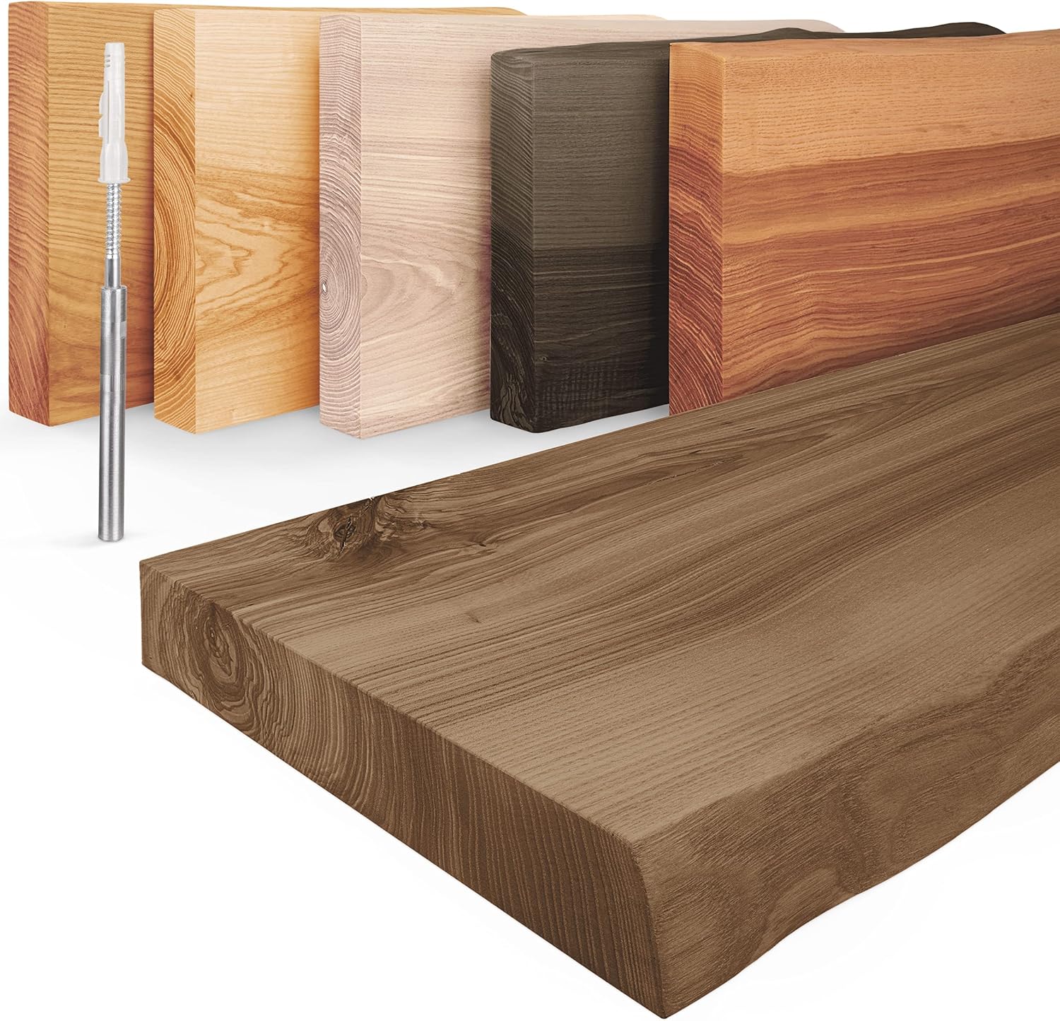 LAMO Manufaktur Schweberegal Holz mit unsichtbarer Befestigung | Wandregal 140 cm breit für Wohnzimmer, Home Office | Farbe: Nussbaum, Kante: natürlich | Massivholz, modernes Design, Schwebende Optik