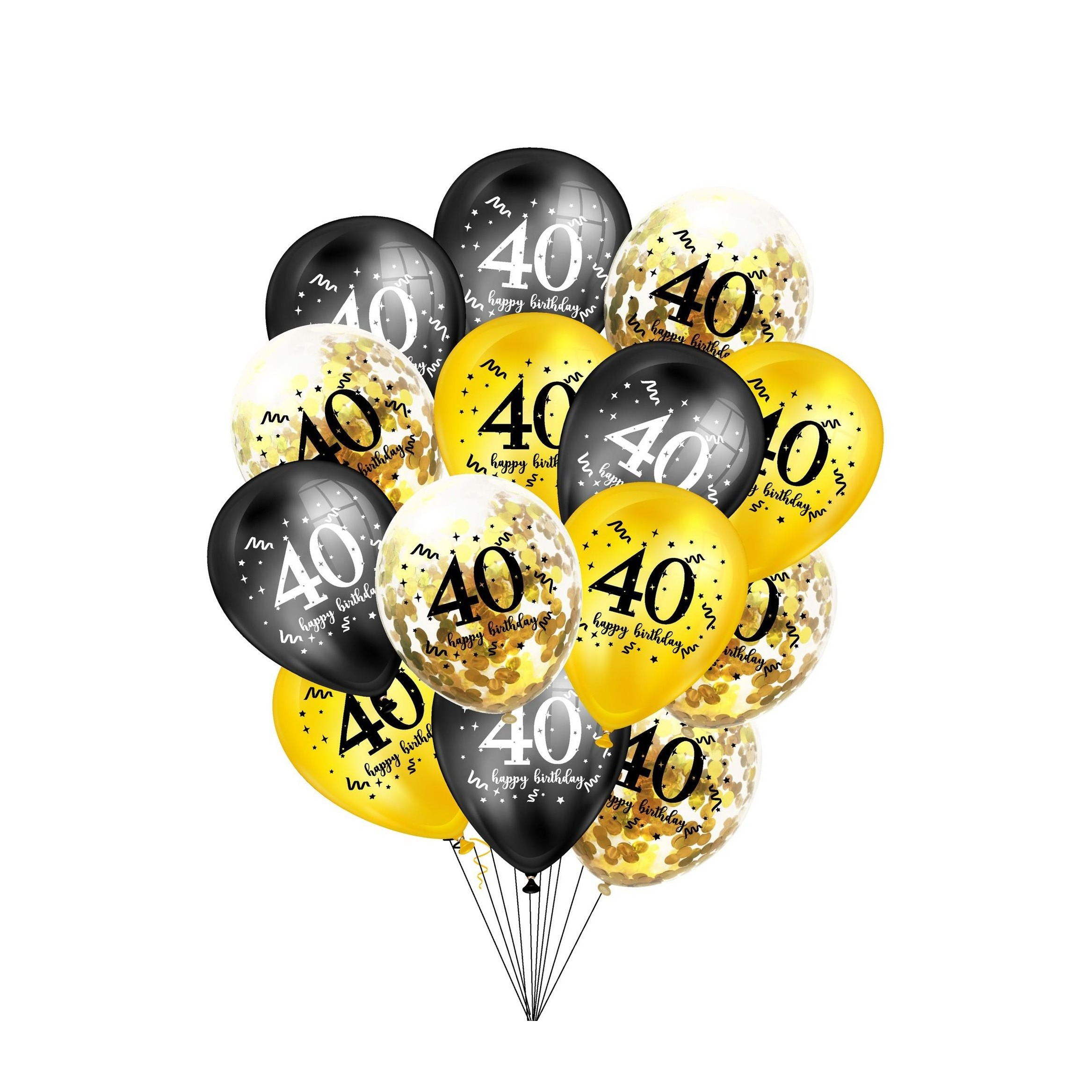 (15er Set) Ø30cm Party Deko Ballons Latex Luftballons 40 Happy Birthday mit Konfetti - Schwarz / Gold / Transparent