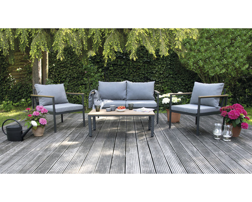 Tuinmeubelset loungeset Garden Place Lucy 4-zits bestaande uit: tweezitsbank, tafel, 2 fauteuils incl. kussens, aluminium, kunststof, hout