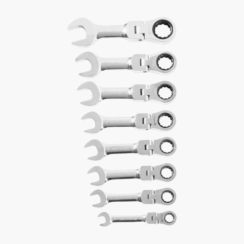 Skrallenøkkelsett flex, kort, 8 stk. 8–17 mm