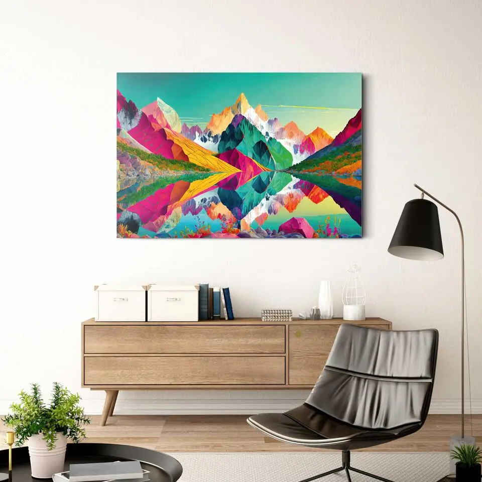 Glasschilderij Bright Mountains - 78x116cm - Bont