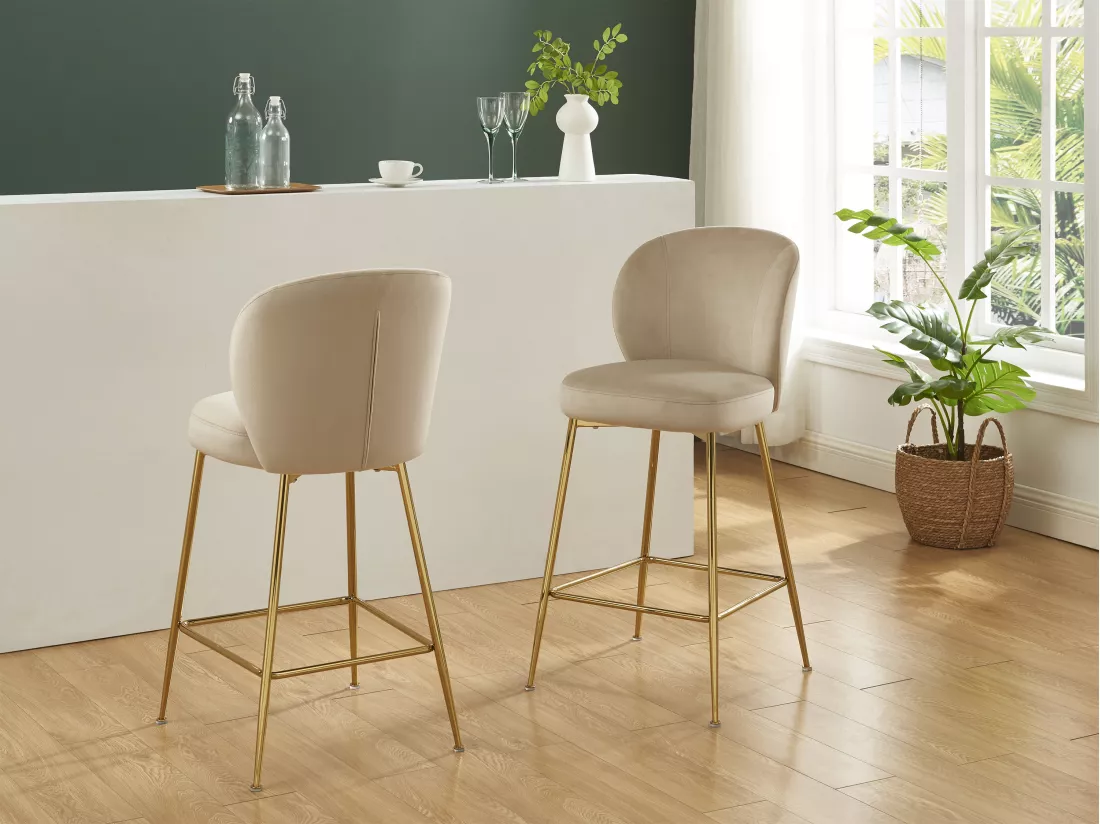 Lot de 2 tabourets de bar en velours et métal doré - Beige - POLPONA de Pascal MORABITO