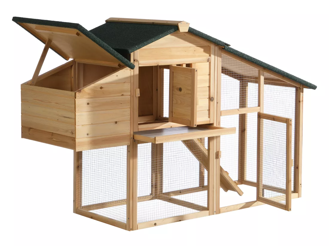 Poulailler en bois avec enclos - 4 poules - L. 173 x P. 64 x H. 108 cm - Naturel - LEVAS