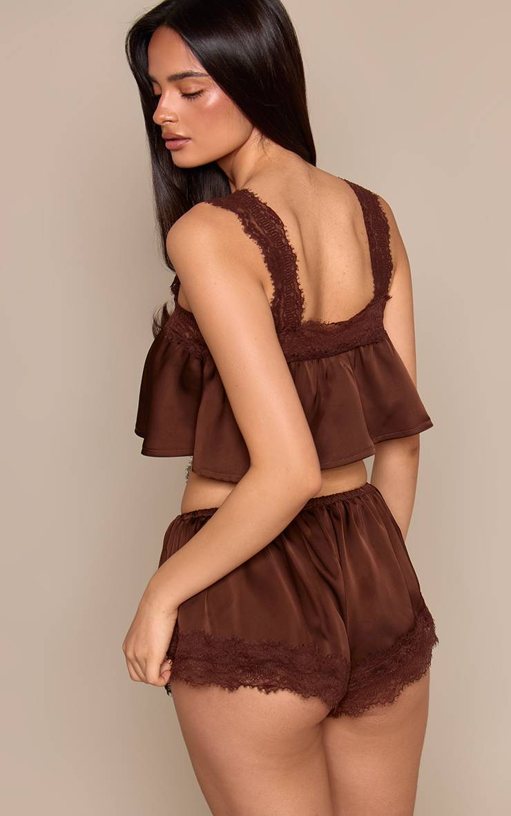 Caraco Et Short Fluide En Satin Chocolat Avec Laçage Devant Et Dentelle