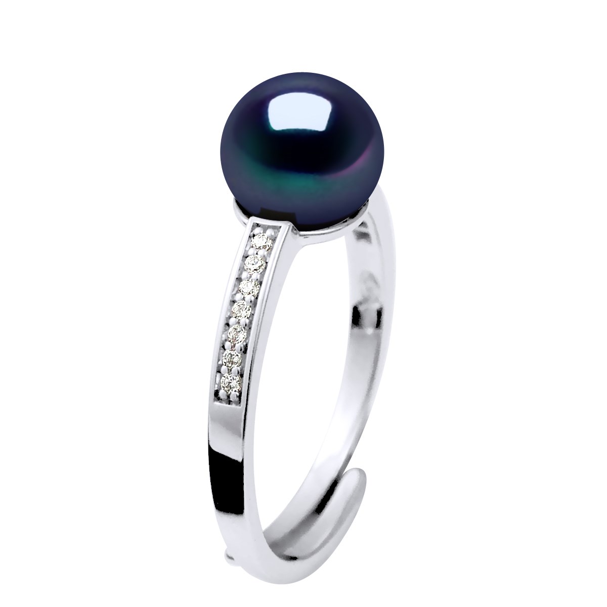 Bague Joaillerie Perle d'Eau Douce 7-8 mm Noire et Oxydes de Zirconium Argent 925