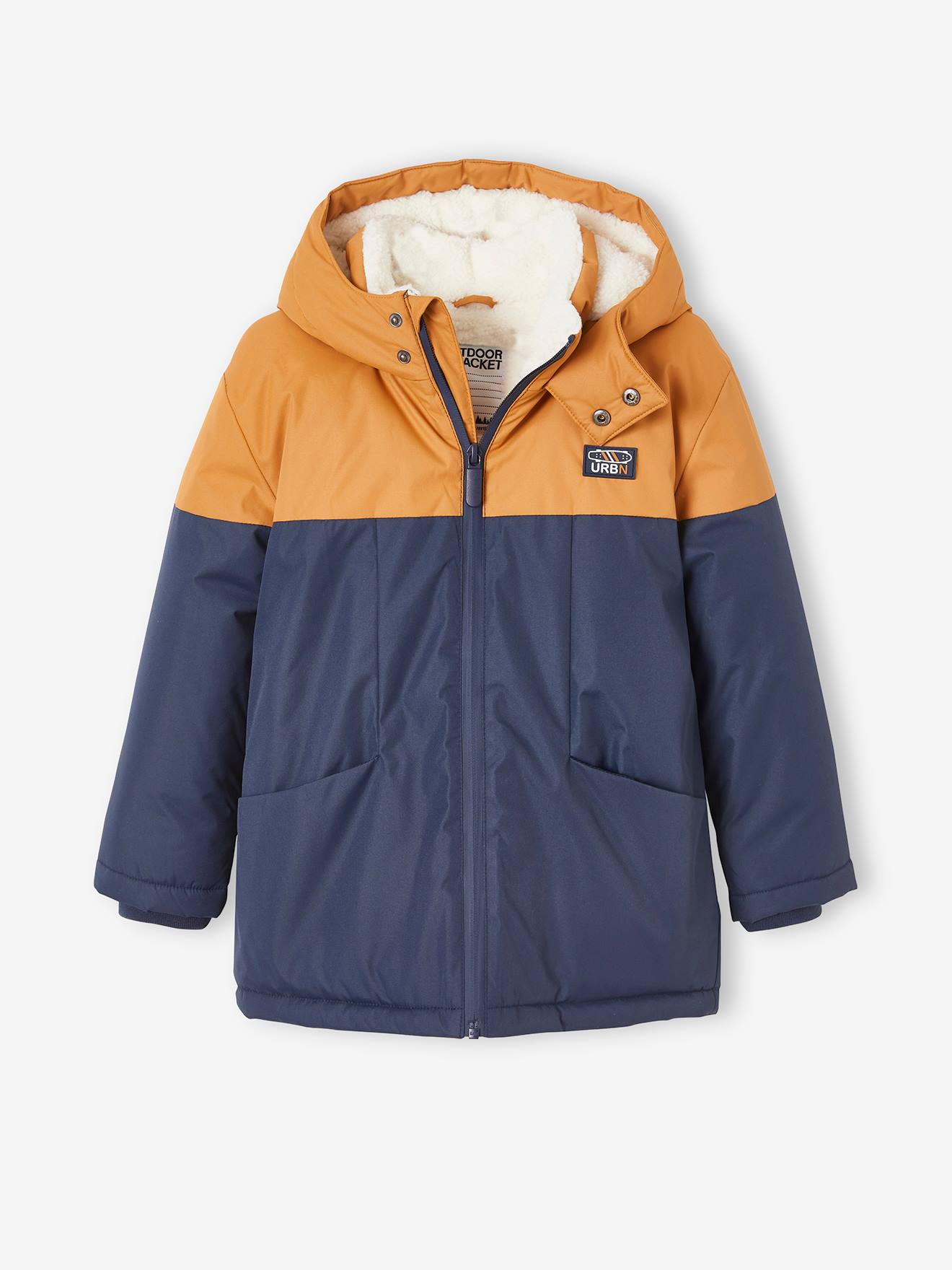 Parka técnica com capuz para meninos, marrom médio, lisa com estampas.