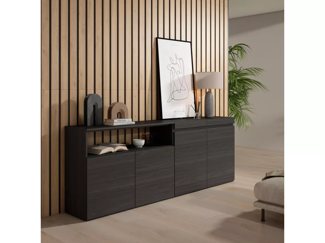 Buffet salon et cuisine, 200x75x35cm, 4 Portes, Noir