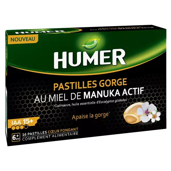 Pastilhas para a garganta Humer com mel de Manuka, indicadas para maiores de 6 anos, 16 pastilhas.