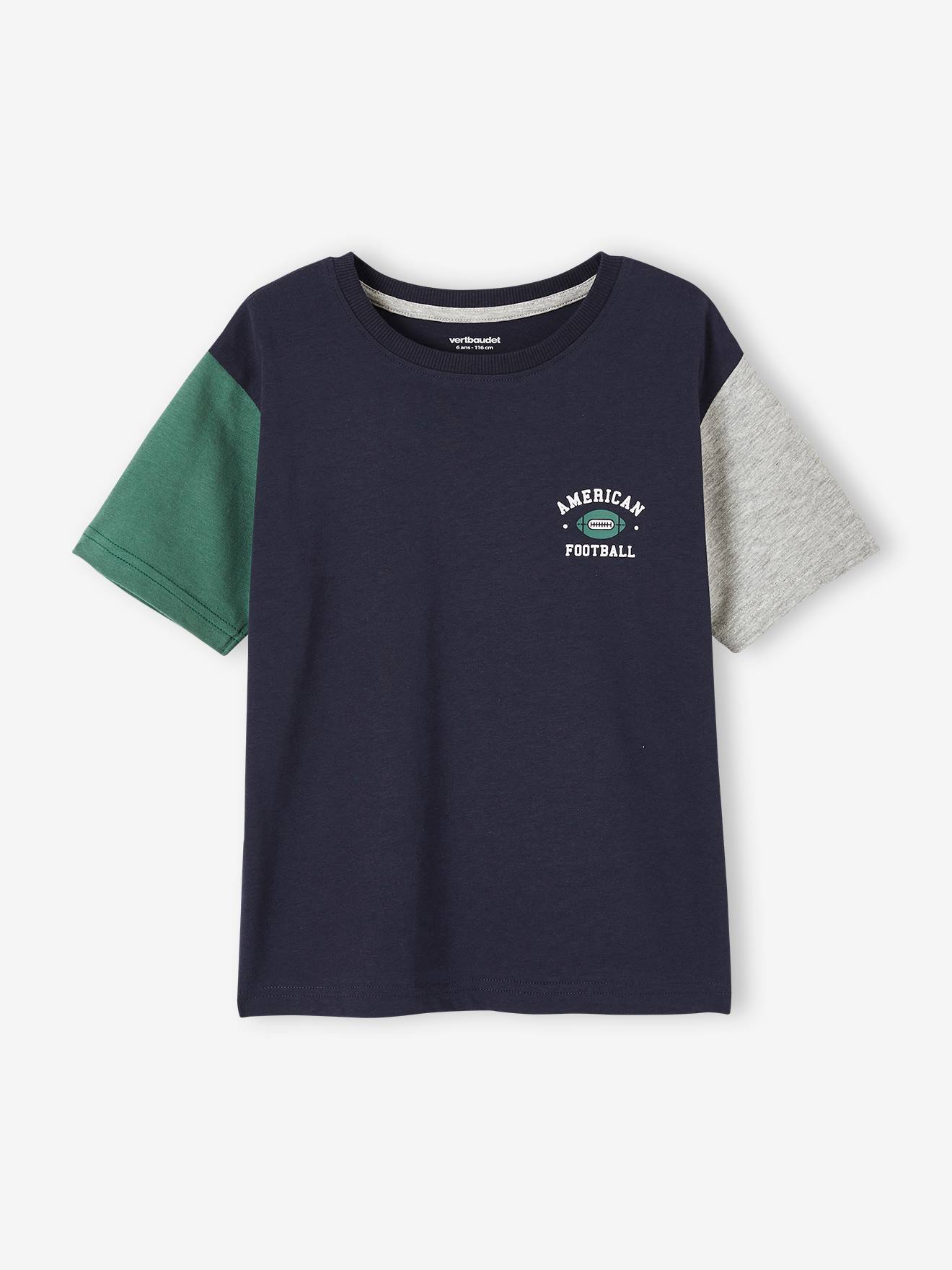 Camiseta esportiva colorblock, lisa, azul escura, para menino, com estampas.
