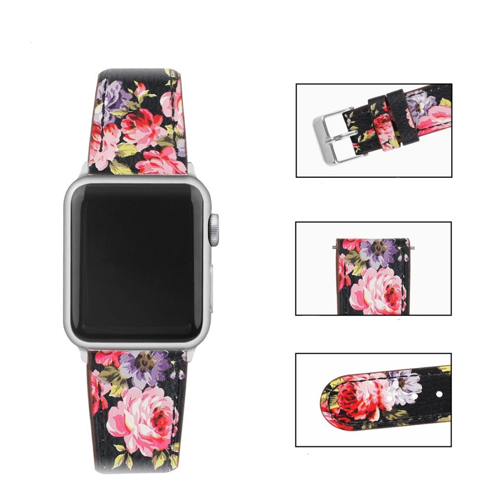 Apple Watch (42/41/40/38 mm) Ersatz Echtleder Armband (Gelenkumfang: 165-220mm) - Pinke Blumen