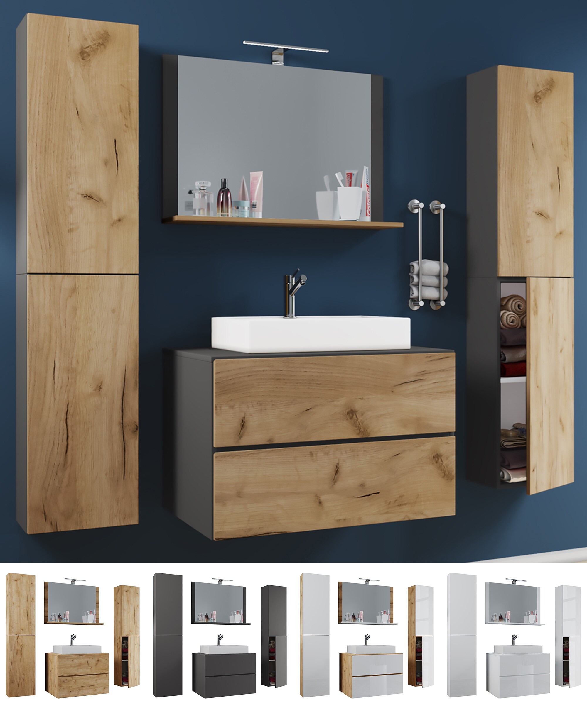 VCM 5-tlg. Waschplatz Waschtisch Badmöbel Set Waschbecken Lendas XL Schublade