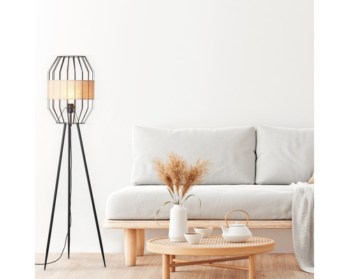 Staande lamp, 1-lichts, HxØ 150x45 cm, schuin design, zwart/naturel, met voetschakelaar