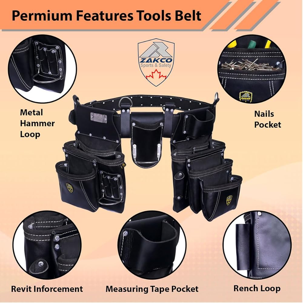 ZAKCO PRO-19 Ceinture à outils en cuir véritable, multi-poches, ceinture à outils de charpentier, pochettes en cuir réglables, ceinture à outils pour charpentier, bricoleur et couvreur : Bricolage