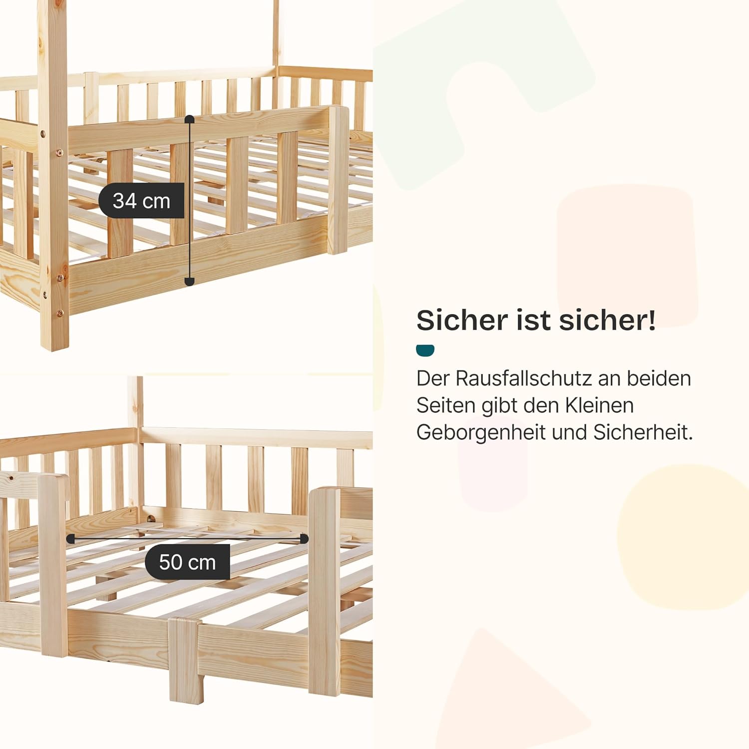 [en.casa] Kinderbett Treviolo Hausbett 140 x 200 cm Holzbett für Kinder mit Rausfallschutz Montessori Bettgestell mit Lattenrost Kiefernholz Holzfarben