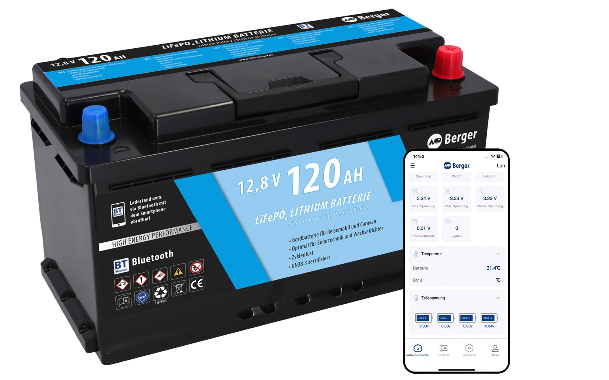 Berger LiFePO4 Lithium Batterie 120 Ah 12 V mit Bluetooth