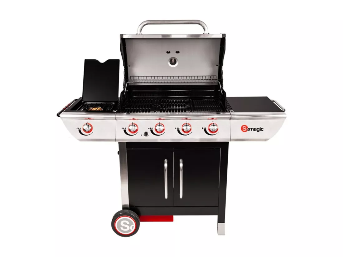 Barbecue à gaz avec chariot Manhattan 450GPI, 4 brûleurs, 1 réchaud latéral et plancha - Somagic