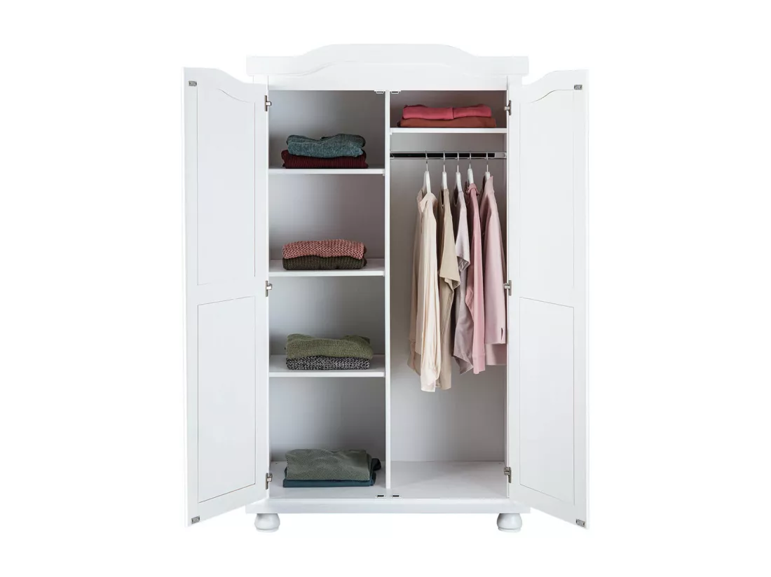 SYDNEY - Armoire 2 Portes + Penderie Bois Massif Vernis Blanc